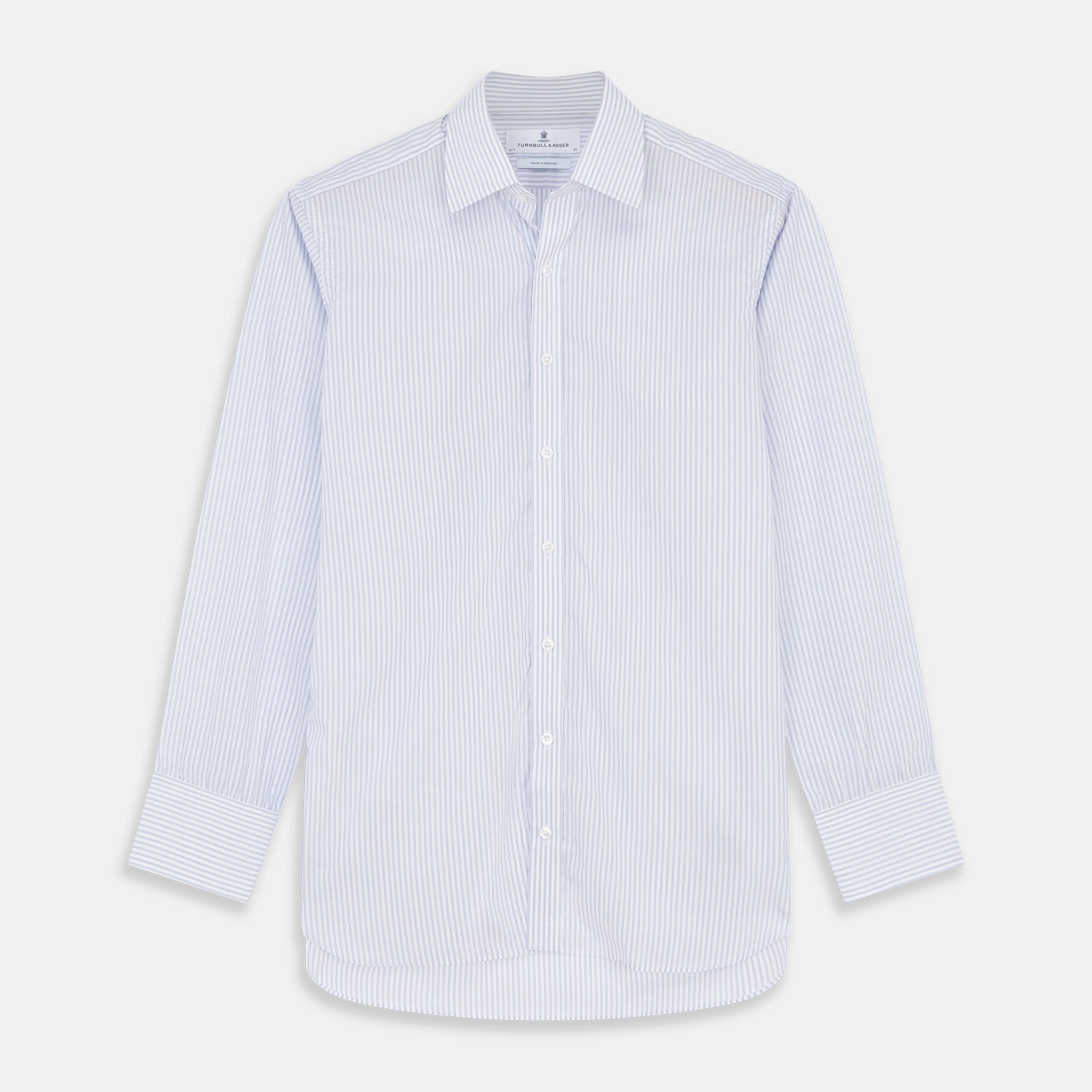 View 1 of product The Turnbull & Asser Pale Blue and White Multi-stripe Cotton Regular Fit Mayfair Shirt features a T&A collar and buttoned cuffs, shown on a plain white background.