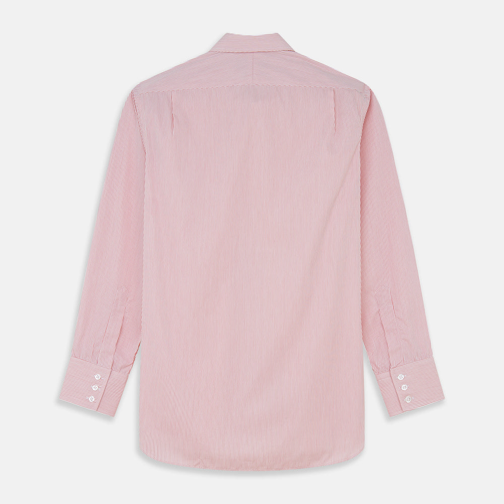 The Turnbull & Asser Pink and White Stripe Cotton Regular Fit Mayfair Shirt features a T&A collar, long sleeves, and white buttons, shown against a plain white background.