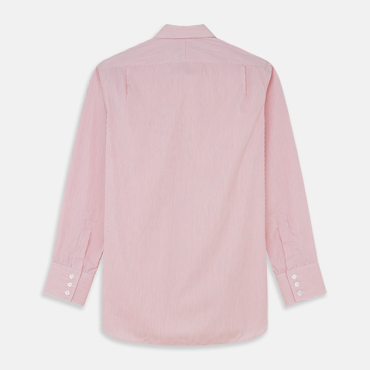 View 5 of product The Turnbull & Asser Pink and White Stripe Cotton Regular Fit Mayfair Shirt features a T&A collar, long sleeves, and white buttons, shown against a plain white background.