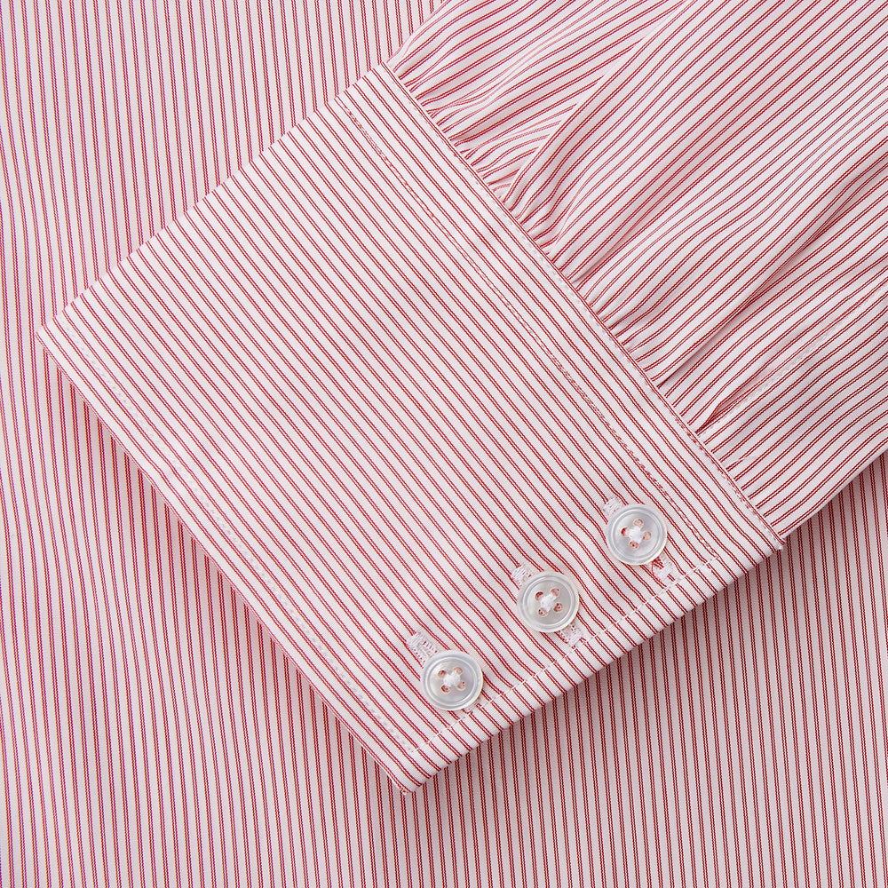 The Turnbull & Asser Pink and White Stripe Cotton Regular Fit Mayfair Shirt features a T&A collar, long sleeves, and white buttons, shown against a plain white background.