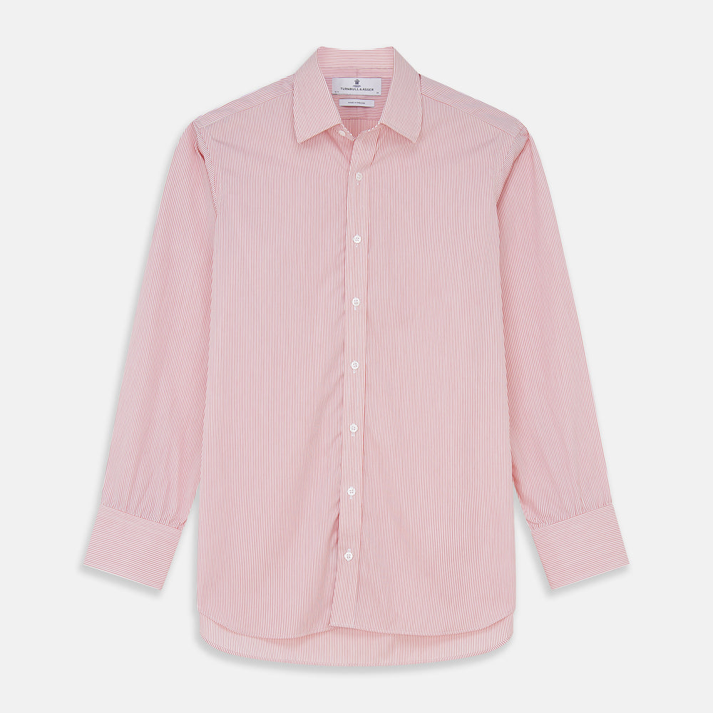 The Turnbull & Asser Pink and White Stripe Cotton Regular Fit Mayfair Shirt features a T&A collar, long sleeves, and white buttons, shown against a plain white background.