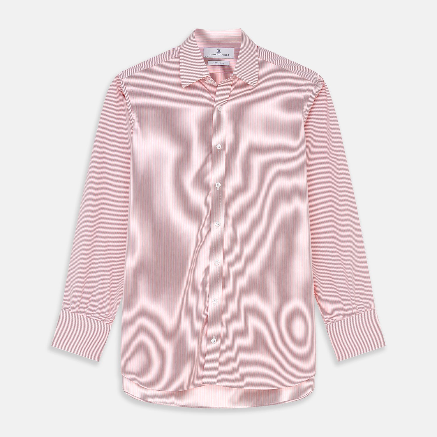 View 1 of product The Turnbull & Asser Pink and White Stripe Cotton Regular Fit Mayfair Shirt features a T&A collar, long sleeves, and white buttons, shown against a plain white background.