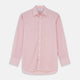 The Turnbull & Asser Pink and White Stripe Cotton Regular Fit Mayfair Shirt features a T&A collar, long sleeves, and white buttons, shown against a plain white background.