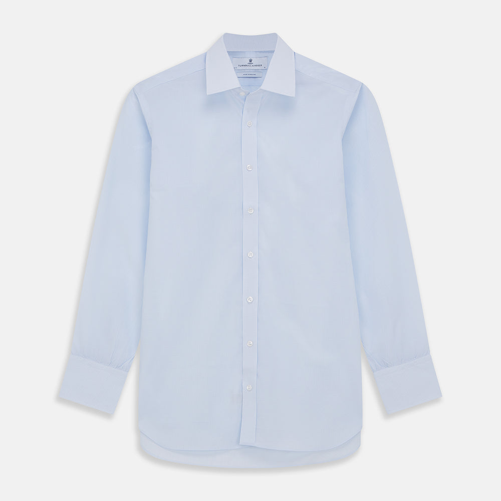 The Light Blue Multi-Check Cotton Regular Fit Mayfair Shirt by Turnbull & Asser is shown laid flat, featuring a classic T&A collar, front buttons, and buttoned cuffs on a white background.