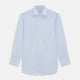 The Light Blue Multi-Check Cotton Regular Fit Mayfair Shirt by Turnbull & Asser is shown laid flat, featuring a classic T&A collar, front buttons, and buttoned cuffs on a white background.