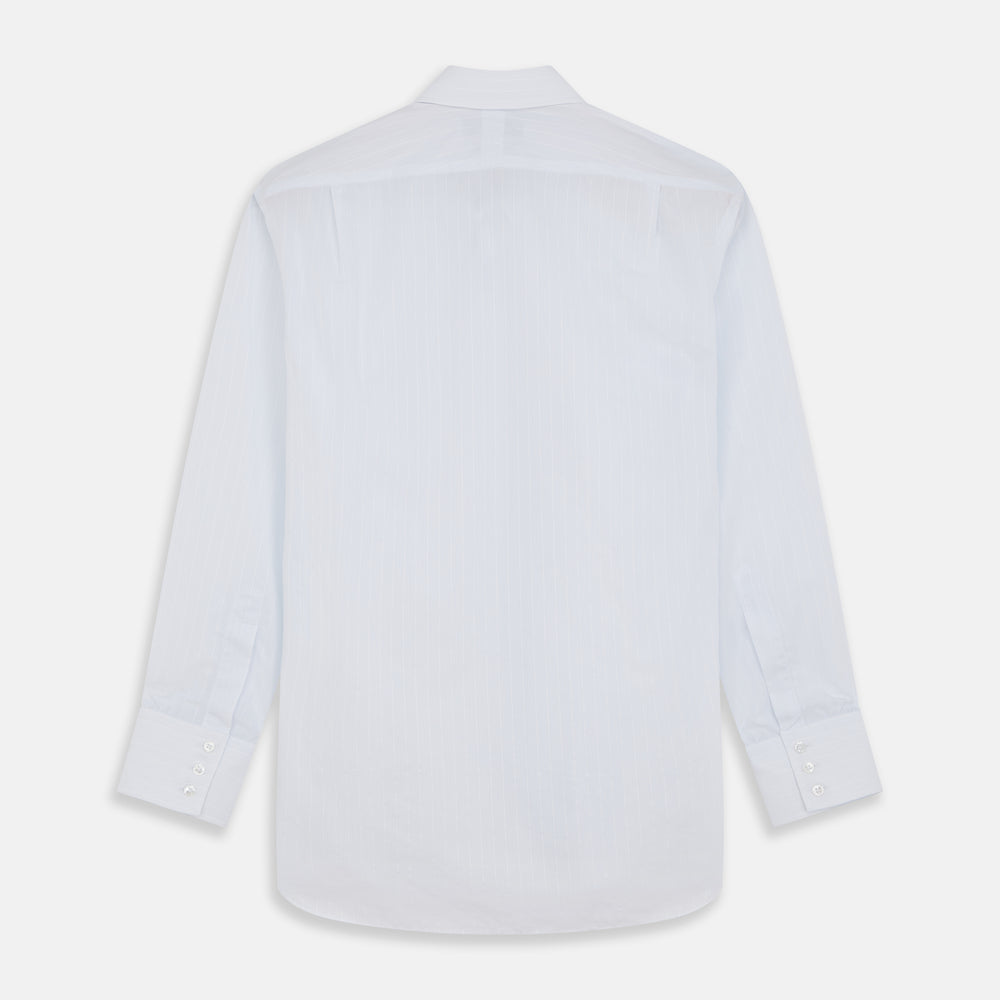 A Cloudy Blue Stripe Cotton Regular Fit Mayfair Shirt by Turnbull & Asser, featuring a T&A collar and button-down front, is laid flat on a plain white background.