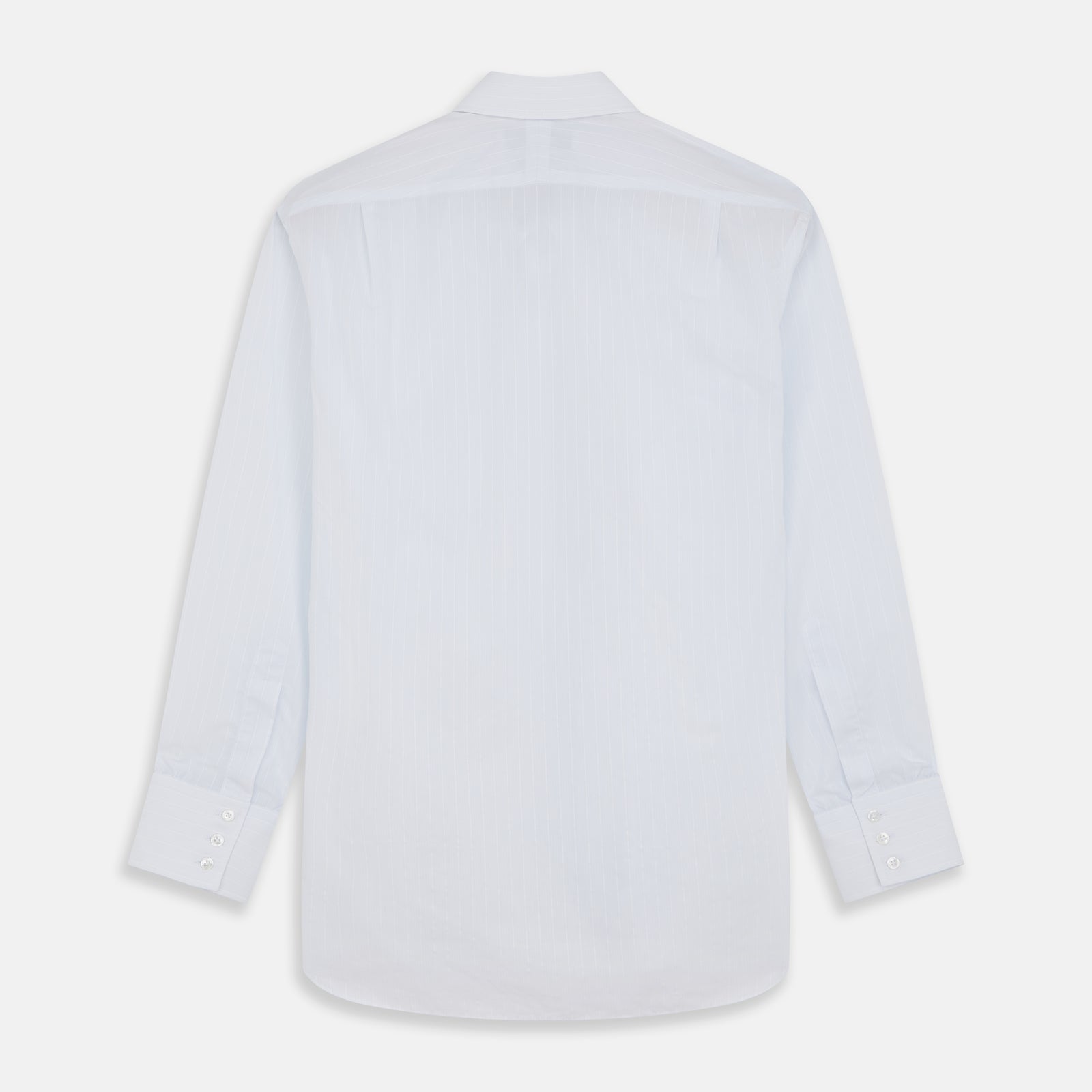 View 5 of product A Cloudy Blue Stripe Cotton Regular Fit Mayfair Shirt by Turnbull & Asser, featuring a T&A collar and button-down front, is laid flat on a plain white background.