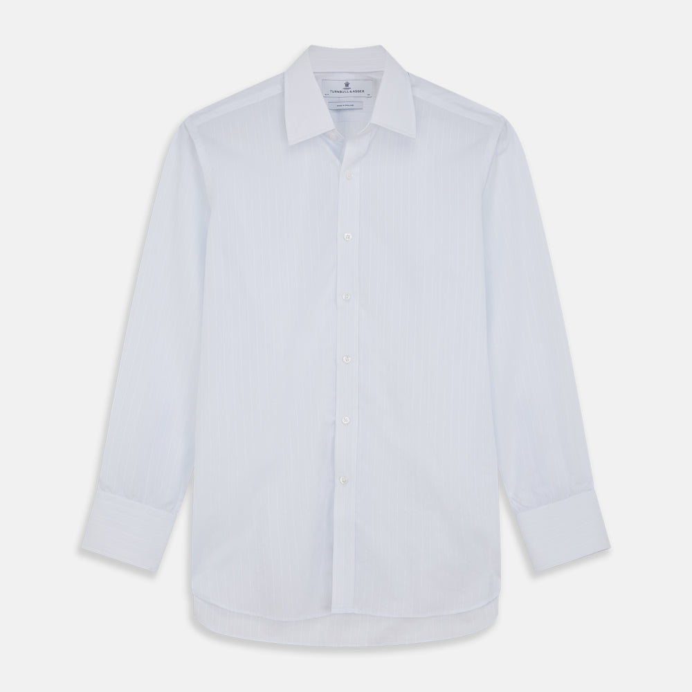 A Cloudy Blue Stripe Cotton Regular Fit Mayfair Shirt by Turnbull & Asser, featuring a T&A collar and button-down front, is laid flat on a plain white background.