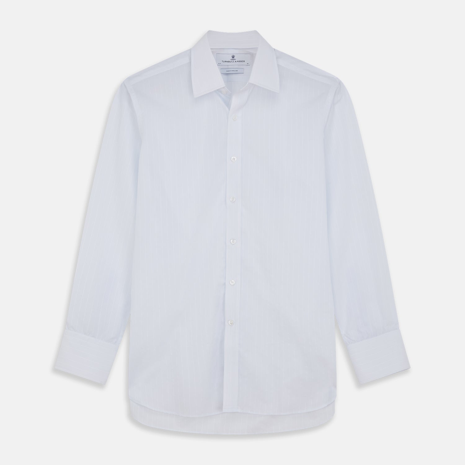 View 1 of product A Cloudy Blue Stripe Cotton Regular Fit Mayfair Shirt by Turnbull & Asser, featuring a T&A collar and button-down front, is laid flat on a plain white background.