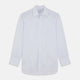 A Cloudy Blue Stripe Cotton Regular Fit Mayfair Shirt by Turnbull & Asser, featuring a T&A collar and button-down front, is laid flat on a plain white background.