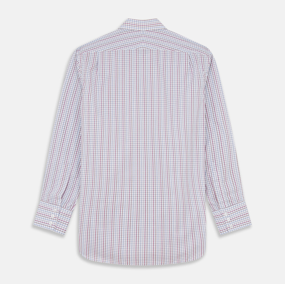 The Turnbull & Asser Red Multi-check Cotton Regular Fit Mayfair Shirt for men features a T&A collar, button cuffs, and a small red check pattern, shown laid flat on a white background.