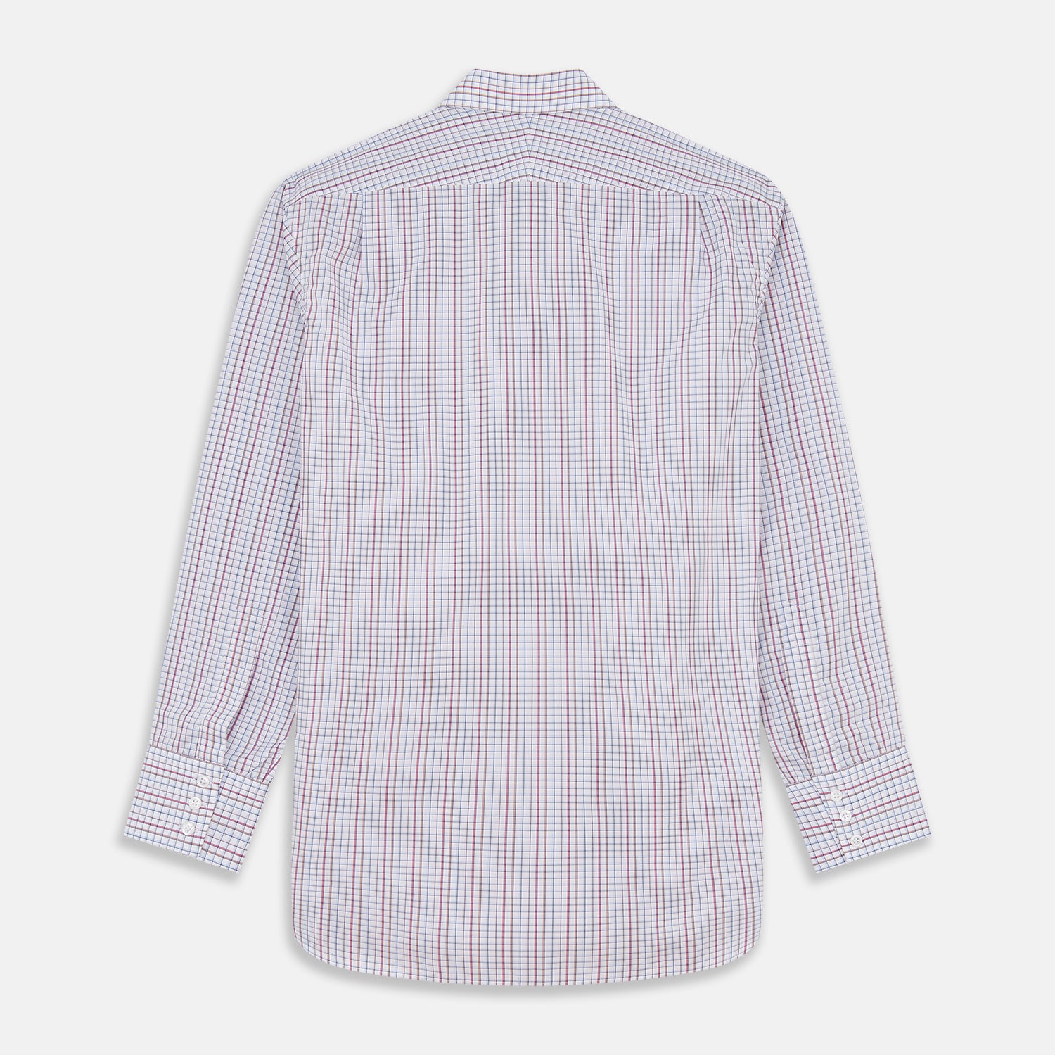 View 5 of product The Turnbull & Asser Red Multi-check Cotton Regular Fit Mayfair Shirt for men features a T&A collar, button cuffs, and a small red check pattern, shown laid flat on a white background.