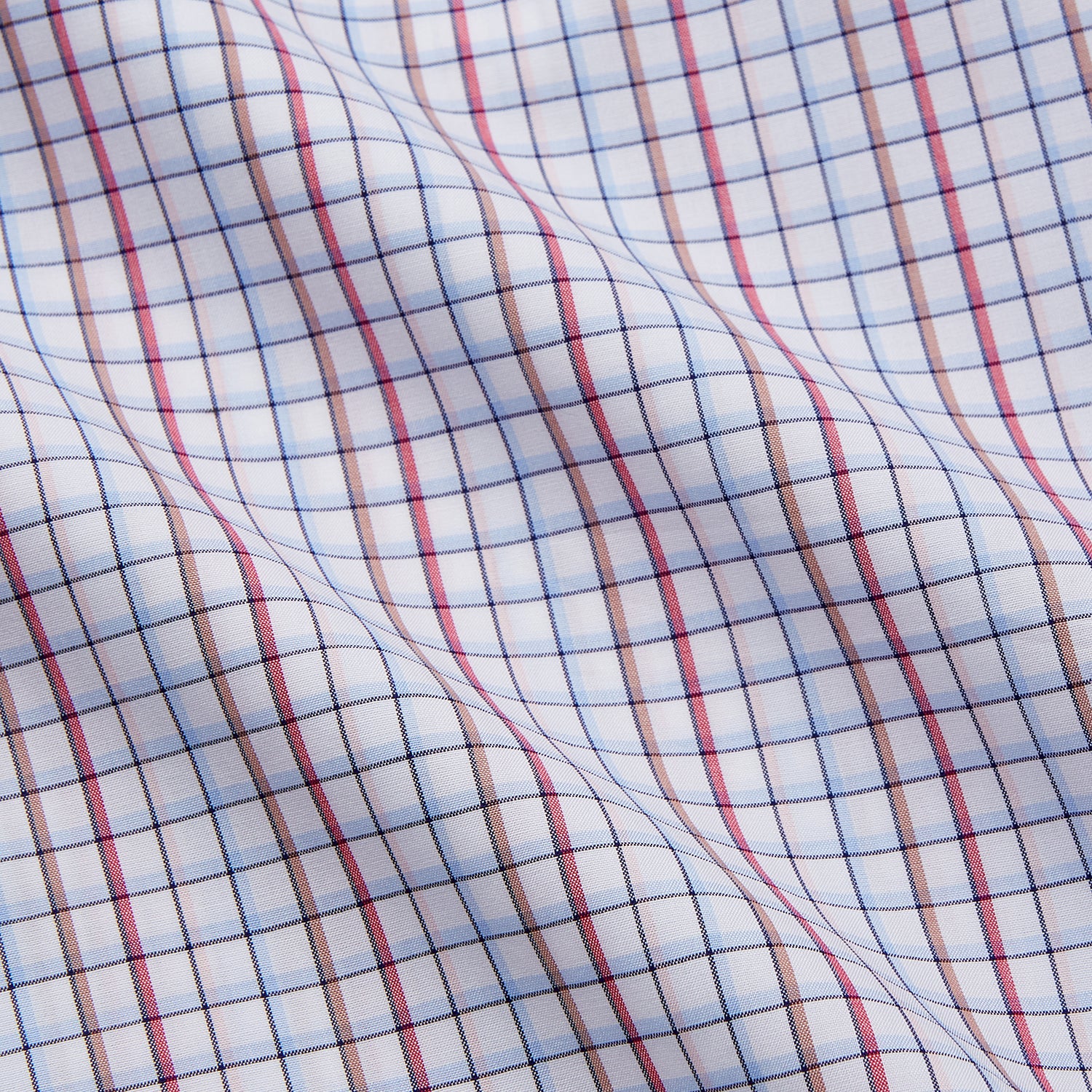 View 4 of product The Turnbull & Asser Red Multi-check Cotton Regular Fit Mayfair Shirt for men features a T&A collar, button cuffs, and a small red check pattern, shown laid flat on a white background.
