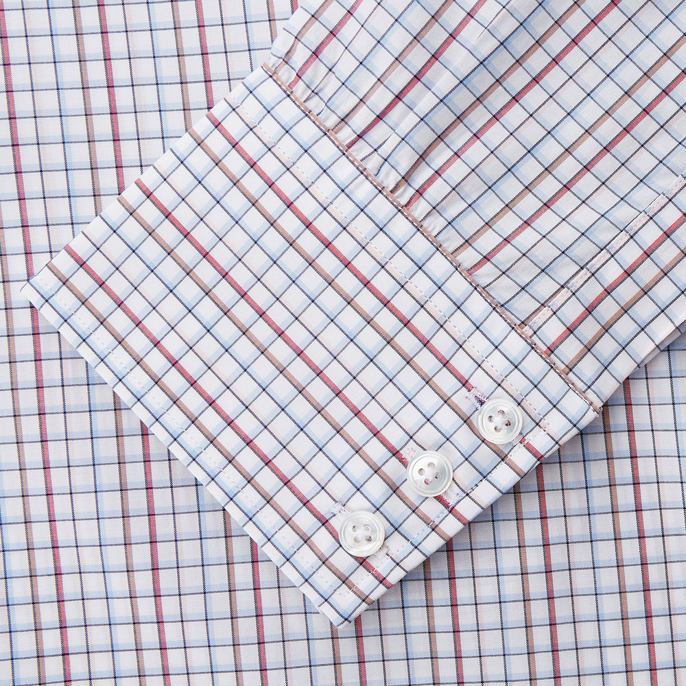 The Turnbull & Asser Red Multi-check Cotton Regular Fit Mayfair Shirt for men features a T&A collar, button cuffs, and a small red check pattern, shown laid flat on a white background.