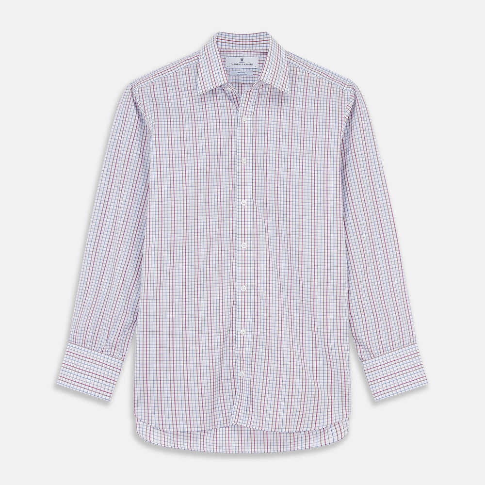 The Turnbull & Asser Red Multi-check Cotton Regular Fit Mayfair Shirt for men features a T&A collar, button cuffs, and a small red check pattern, shown laid flat on a white background.