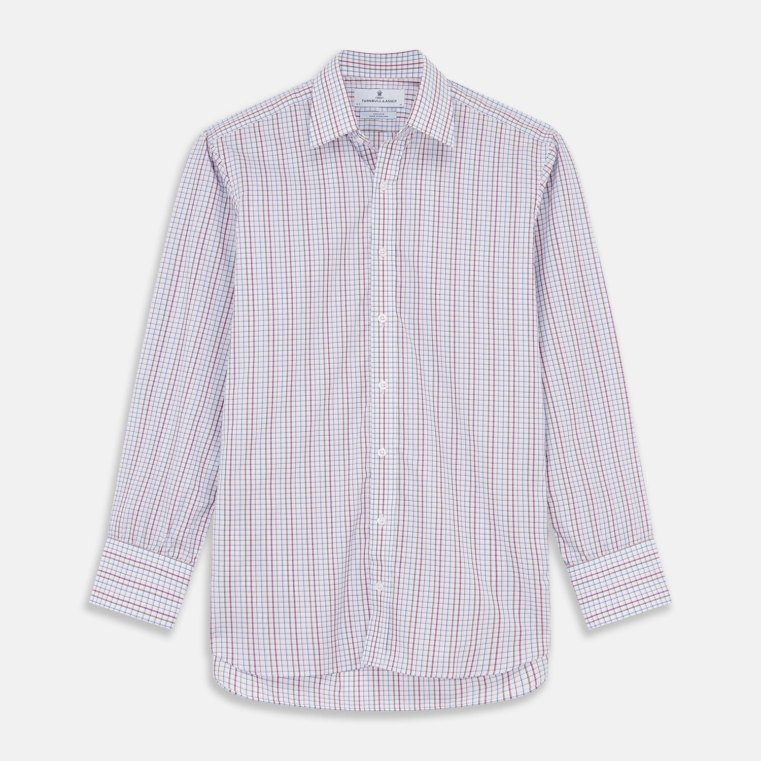 View 1 of product The Turnbull & Asser Red Multi-check Cotton Regular Fit Mayfair Shirt for men features a T&A collar, button cuffs, and a small red check pattern, shown laid flat on a white background.
