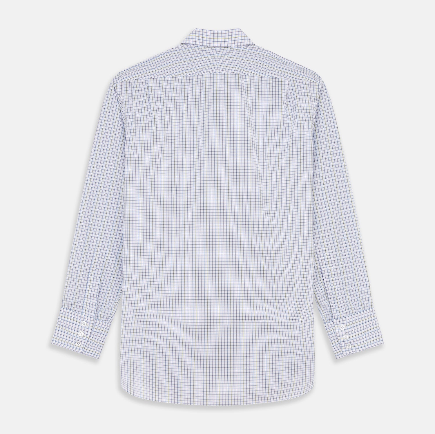 View 5 of product The Turnbull & Asser Purple Multi-check Cotton Mayfair Shirt is a men’s long-sleeve, button-up dress shirt with a T&A collar, featuring a purple multi-check pattern and shown flat on a white background.