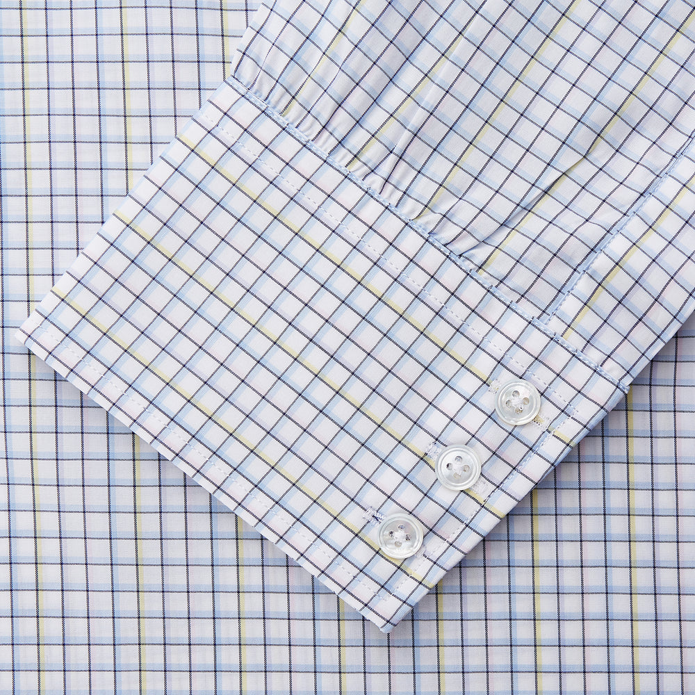 The Turnbull & Asser Purple Multi-check Cotton Mayfair Shirt is a men’s long-sleeve, button-up dress shirt with a T&A collar, featuring a purple multi-check pattern and shown flat on a white background.