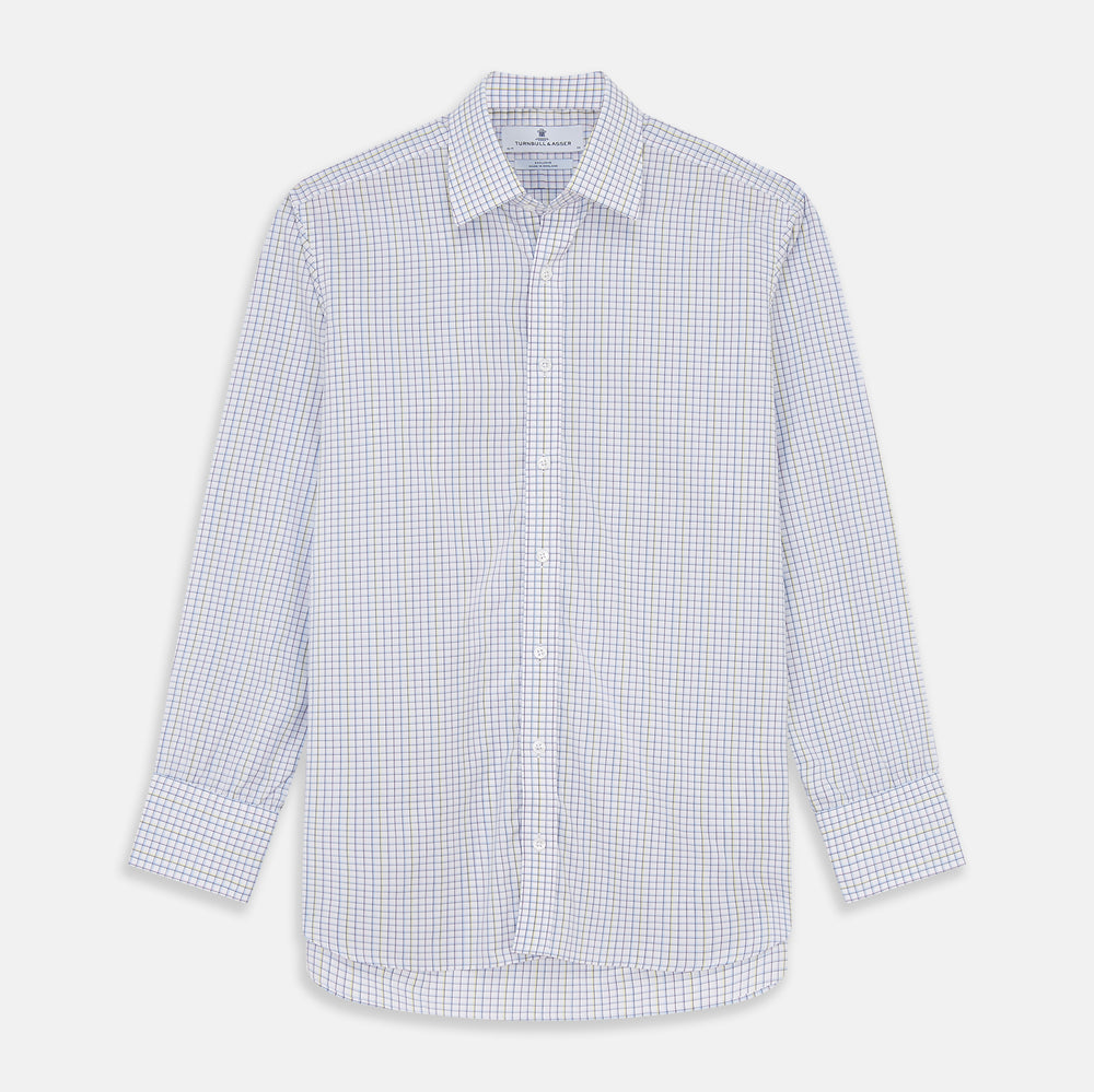 The Turnbull & Asser Purple Multi-check Cotton Mayfair Shirt is a men’s long-sleeve, button-up dress shirt with a T&A collar, featuring a purple multi-check pattern and shown flat on a white background.