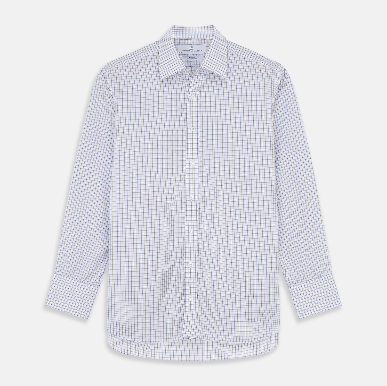 View 1 of product The Turnbull & Asser Purple Multi-check Cotton Mayfair Shirt is a men’s long-sleeve, button-up dress shirt with a T&A collar, featuring a purple multi-check pattern and shown flat on a white background.