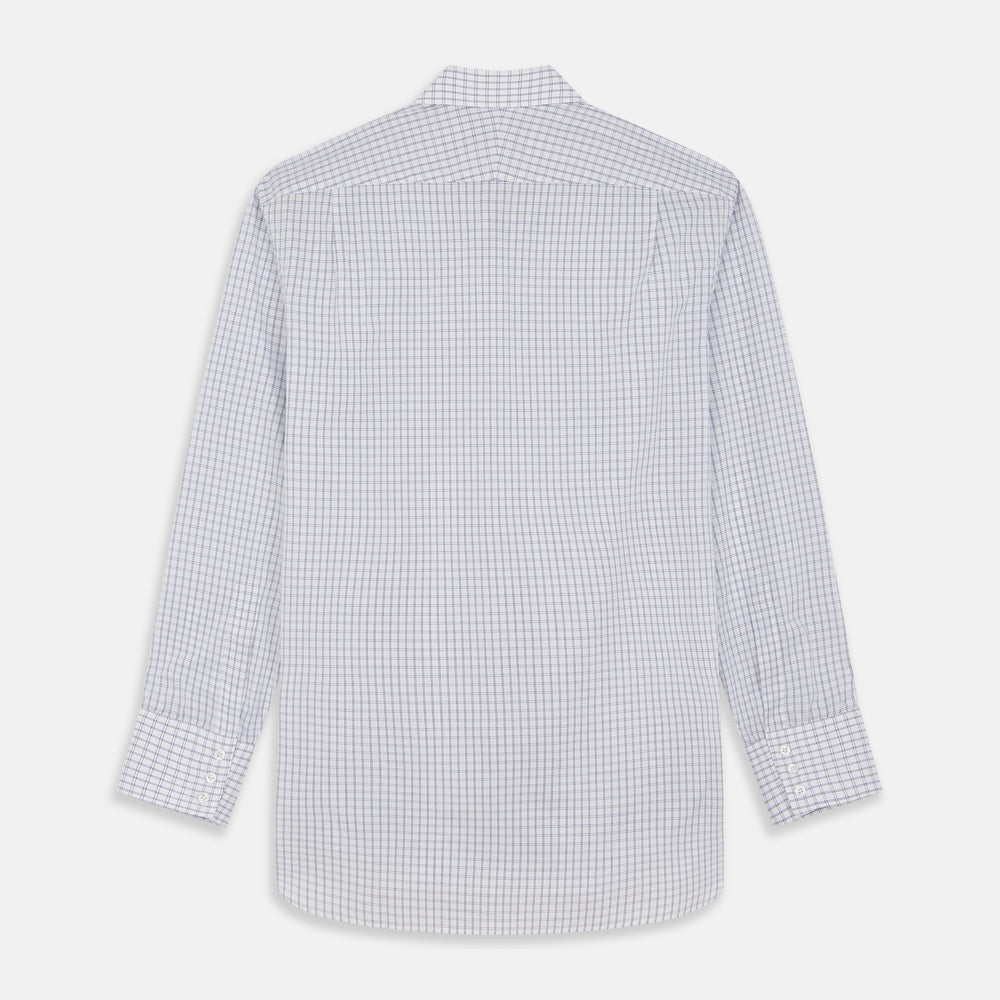 The Turnbull & Asser White and Blue Check Cotton Regular Fit Mayfair Shirt features a classic button-up design with long sleeves, traditional collar and cuffs, displayed flat against a white background.