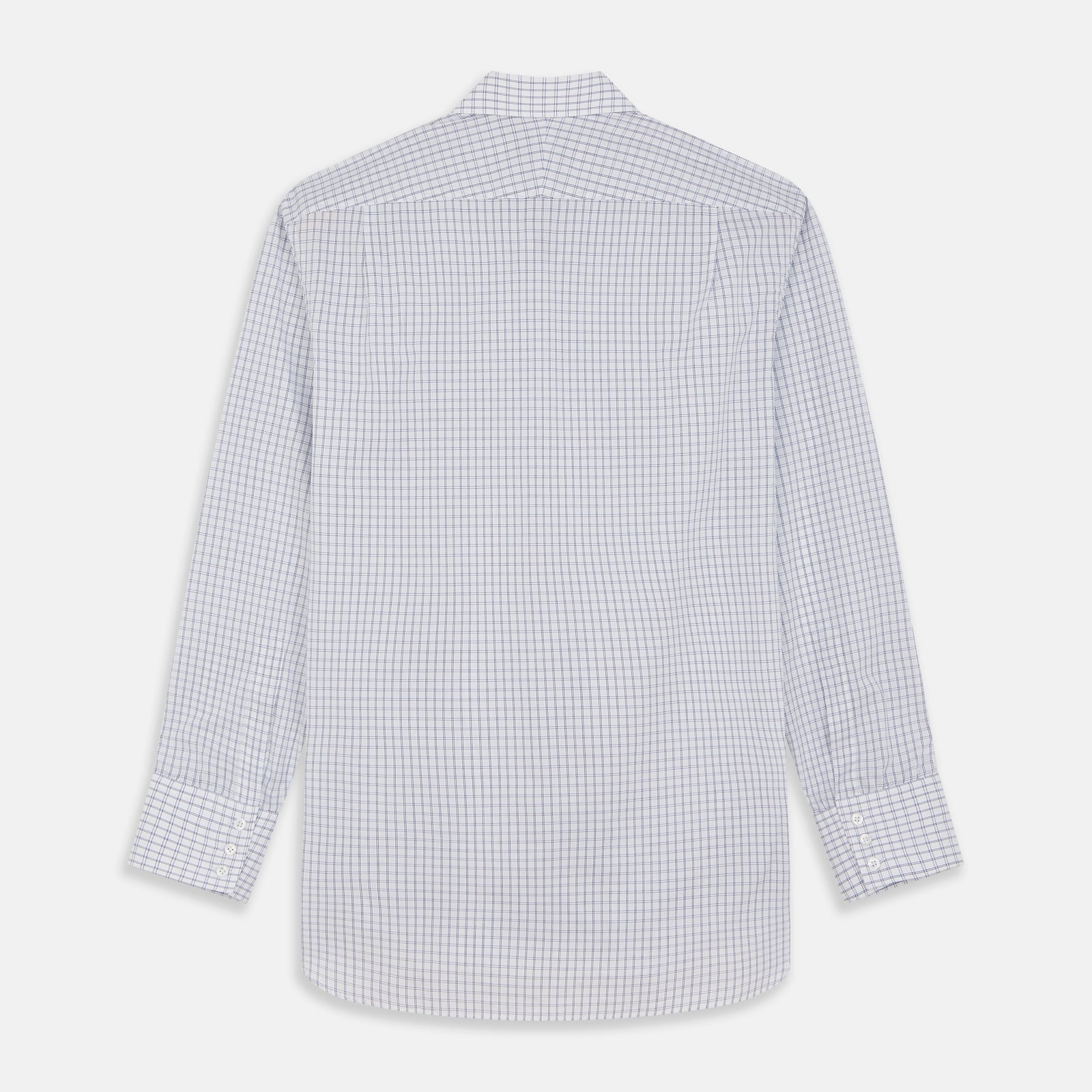 View 5 of product The Turnbull & Asser White and Blue Check Cotton Regular Fit Mayfair Shirt features a classic button-up design with long sleeves, traditional collar and cuffs, displayed flat against a white background.