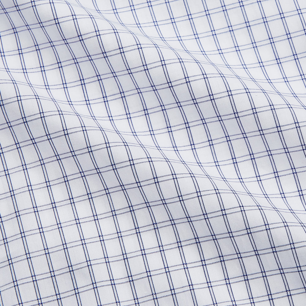 The Turnbull & Asser White and Blue Check Cotton Regular Fit Mayfair Shirt features a classic button-up design with long sleeves, traditional collar and cuffs, displayed flat against a white background.