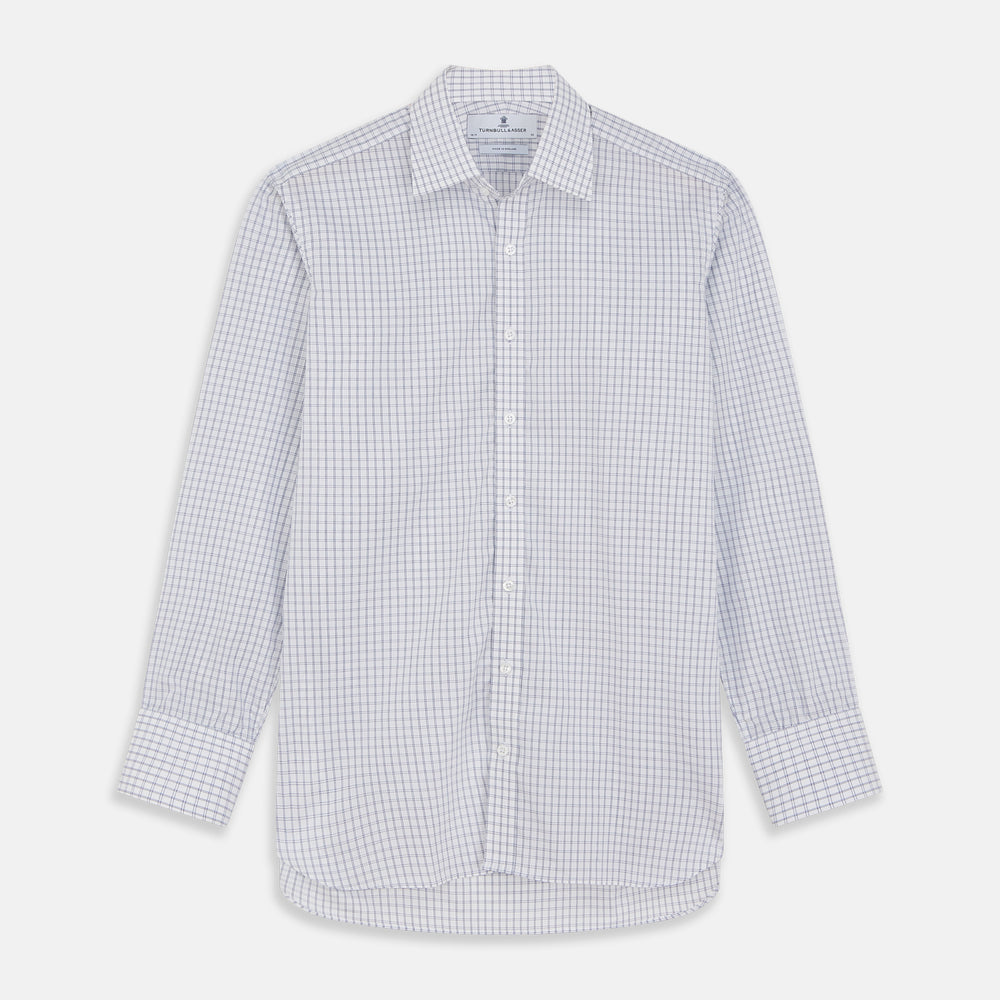 The Turnbull & Asser White and Blue Check Cotton Regular Fit Mayfair Shirt features a classic button-up design with long sleeves, traditional collar and cuffs, displayed flat against a white background.