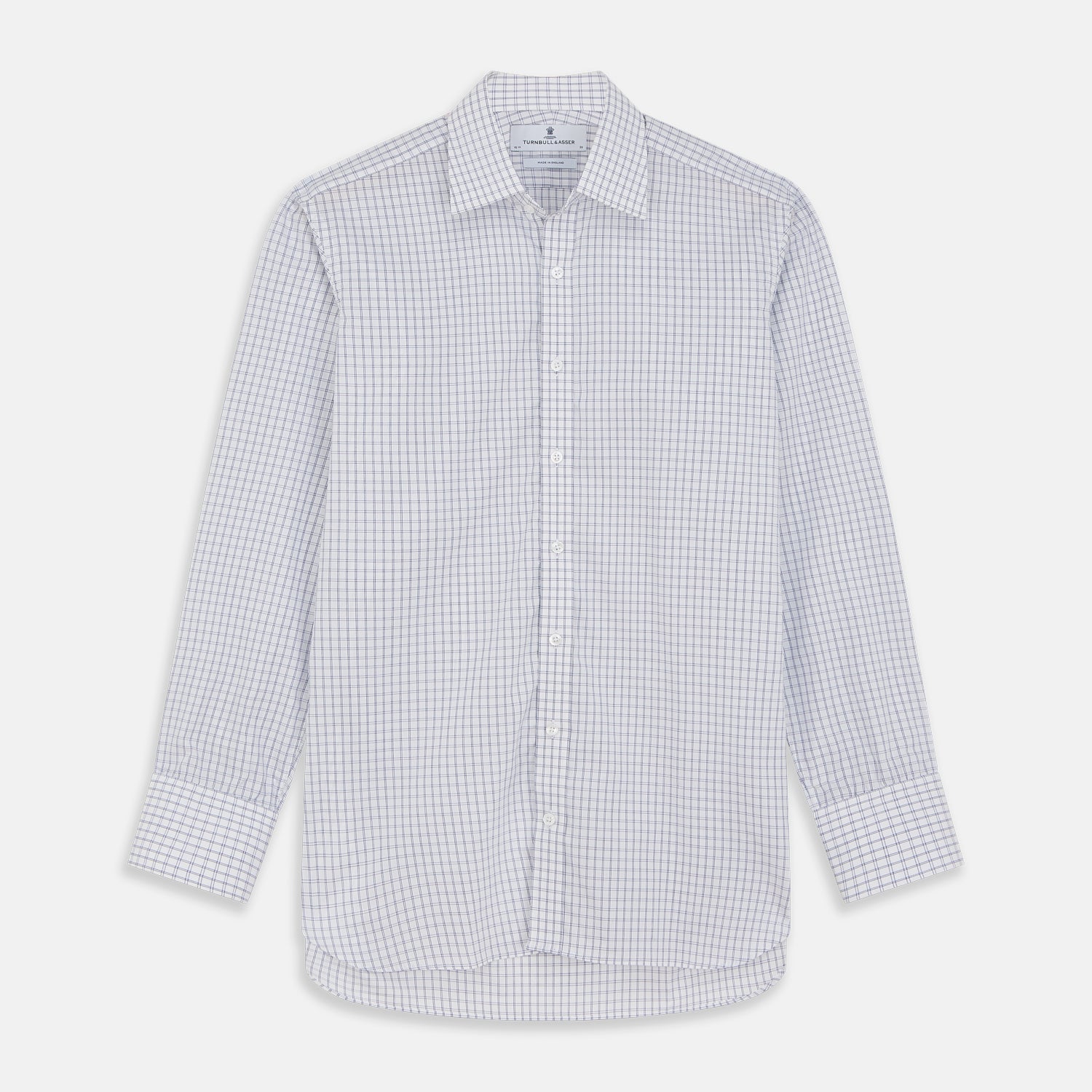 View 1 of product The Turnbull & Asser White and Blue Check Cotton Regular Fit Mayfair Shirt features a classic button-up design with long sleeves, traditional collar and cuffs, displayed flat against a white background.