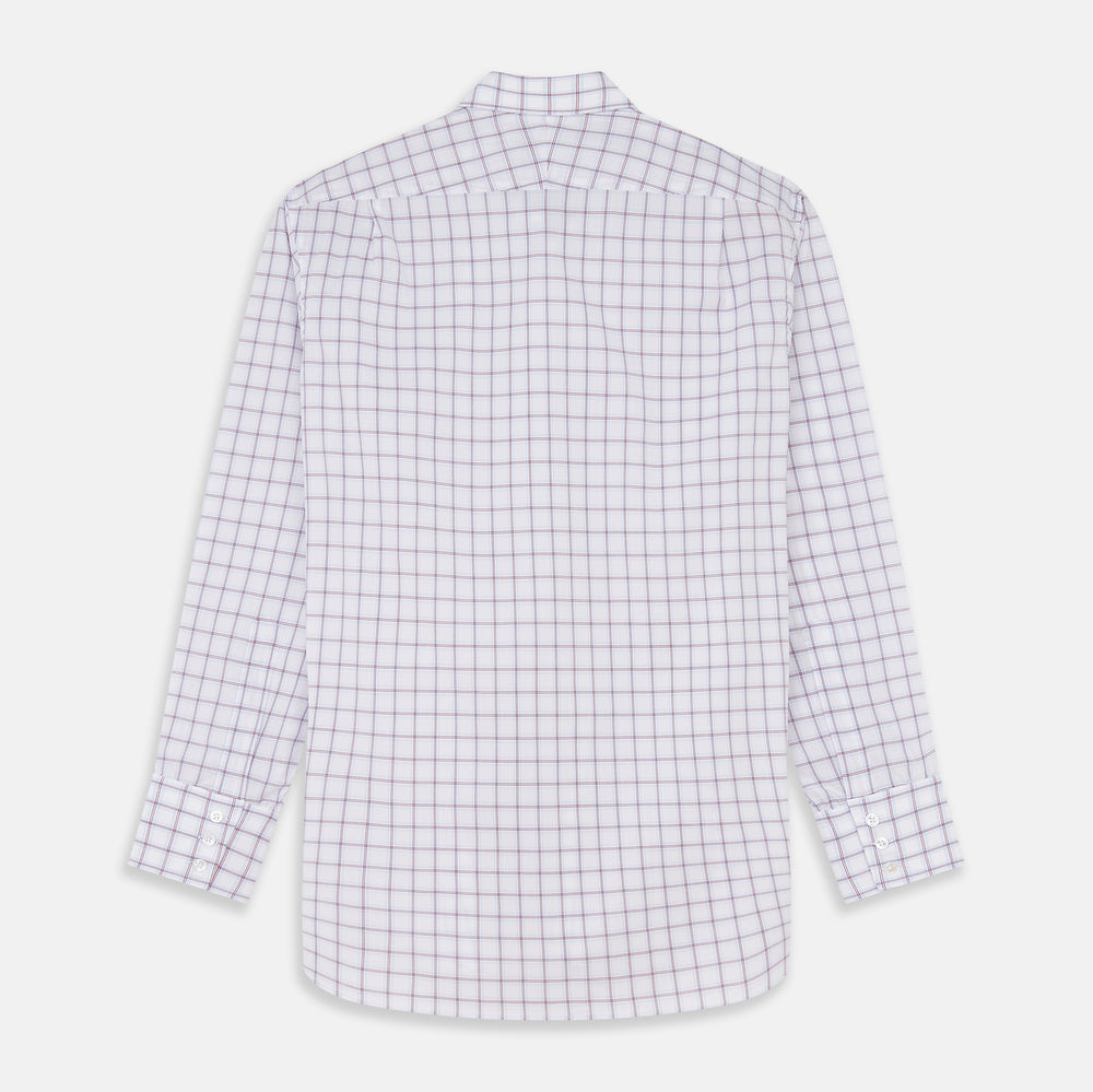 The Turnbull & Asser Red and Blue Multi-check Cotton Regular Fit Mayfair Shirt features a white base with red and blue checks, long sleeves, a T&A collar, and is shown flat against a white surface.