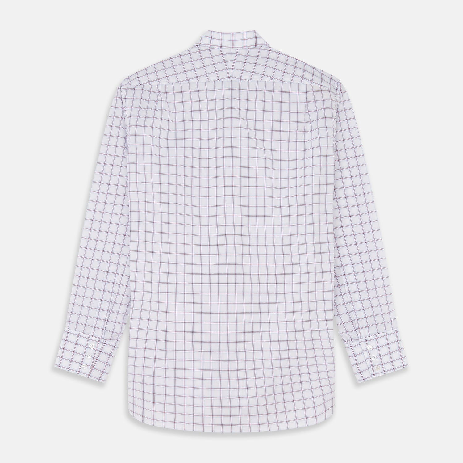 View 5 of product The Turnbull & Asser Red and Blue Multi-check Cotton Regular Fit Mayfair Shirt features a white base with red and blue checks, long sleeves, a T&A collar, and is shown flat against a white surface.