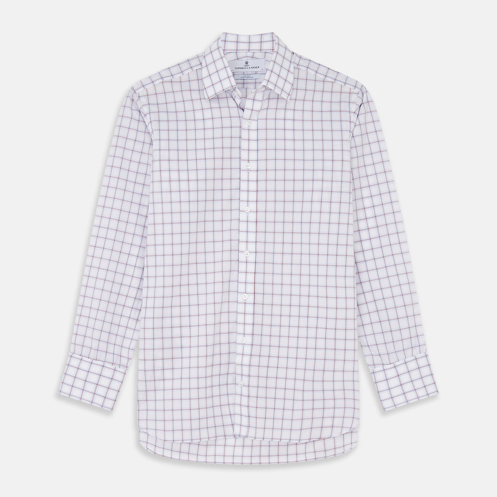 The Turnbull & Asser Red and Blue Multi-check Cotton Regular Fit Mayfair Shirt features a white base with red and blue checks, long sleeves, a T&A collar, and is shown flat against a white surface.