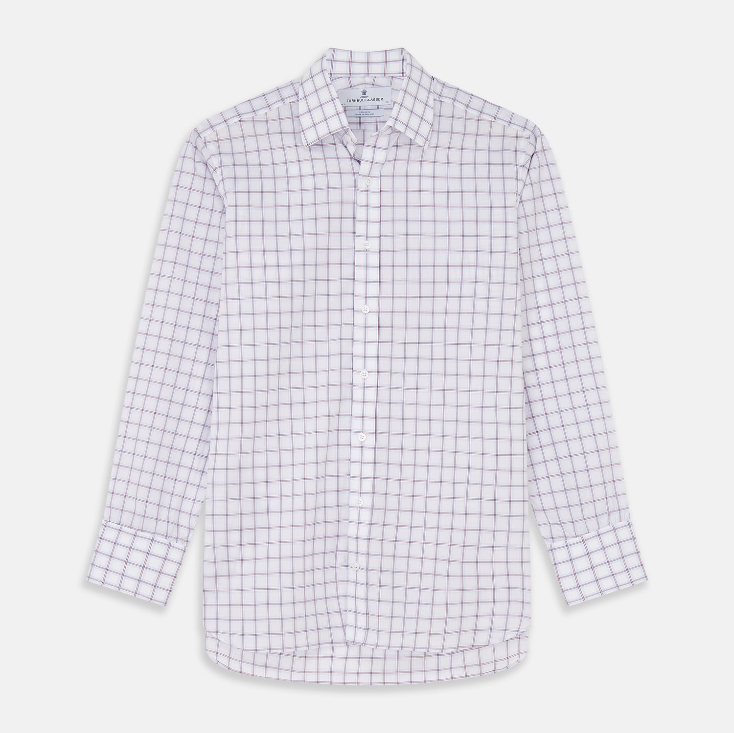 View 1 of product The Turnbull & Asser Red and Blue Multi-check Cotton Regular Fit Mayfair Shirt features a white base with red and blue checks, long sleeves, a T&A collar, and is shown flat against a white surface.