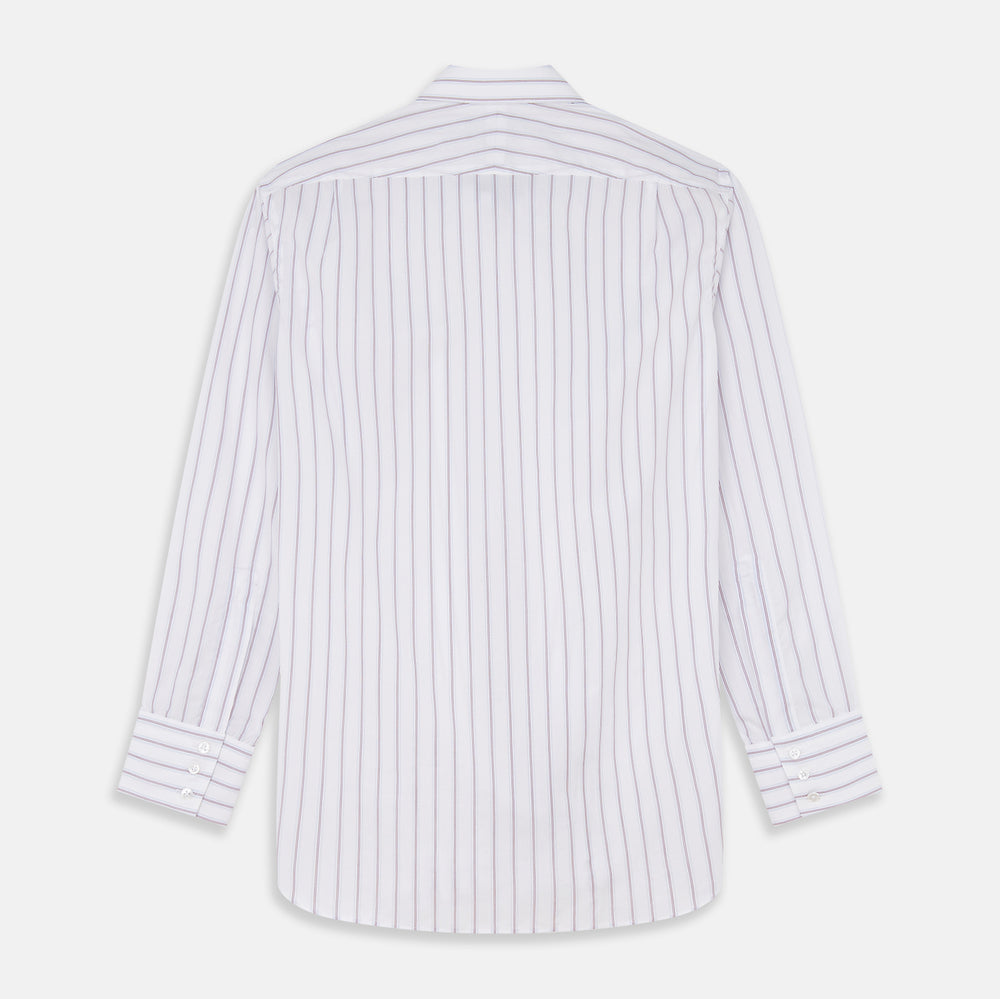 The Turnbull & Asser Red and Blue Multi-stripe Cotton Regular Fit Mayfair Shirt features a button-down front and classic collar, displayed on a plain white background.