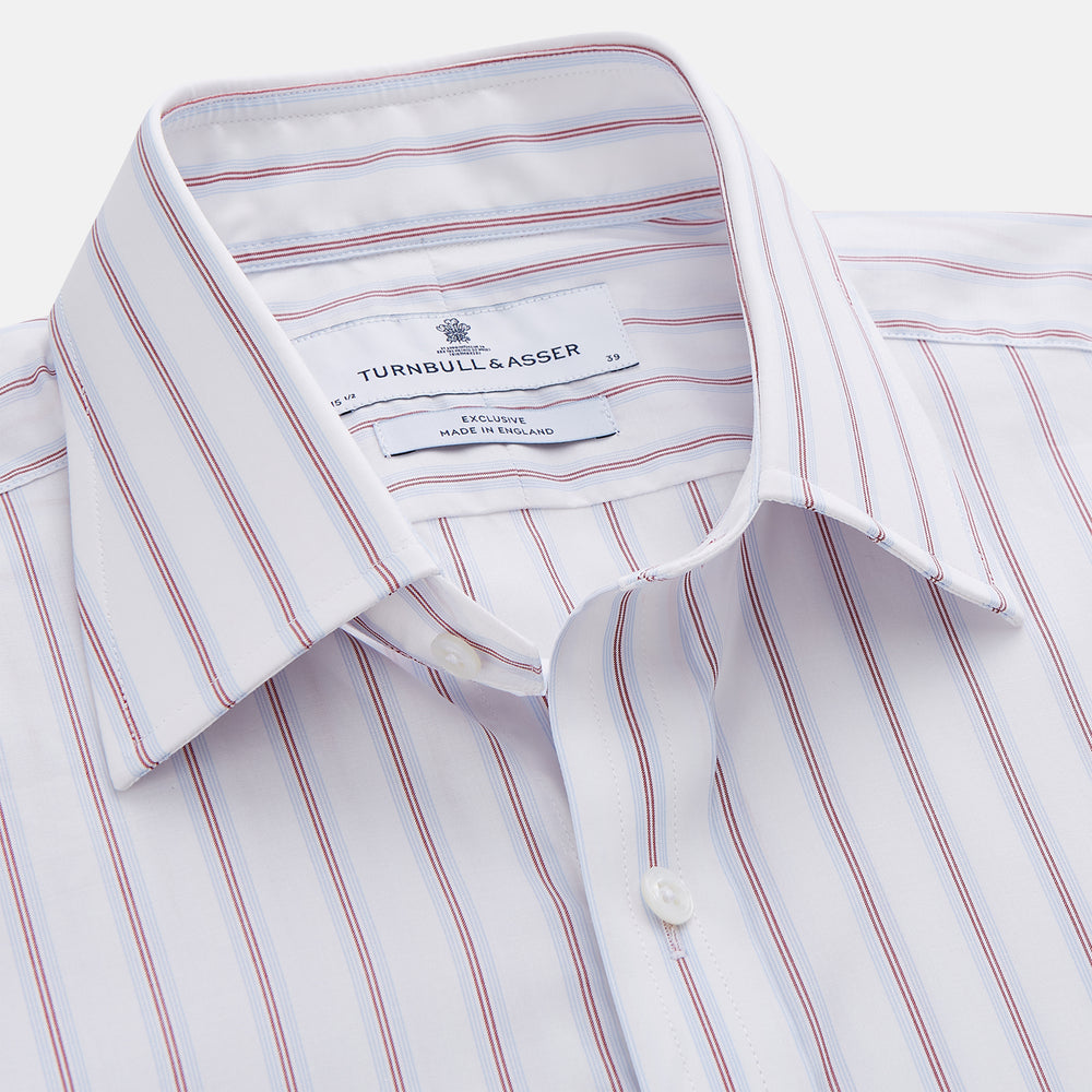 The Turnbull & Asser Red and Blue Multi-stripe Cotton Regular Fit Mayfair Shirt features a button-down front and classic collar, displayed on a plain white background.