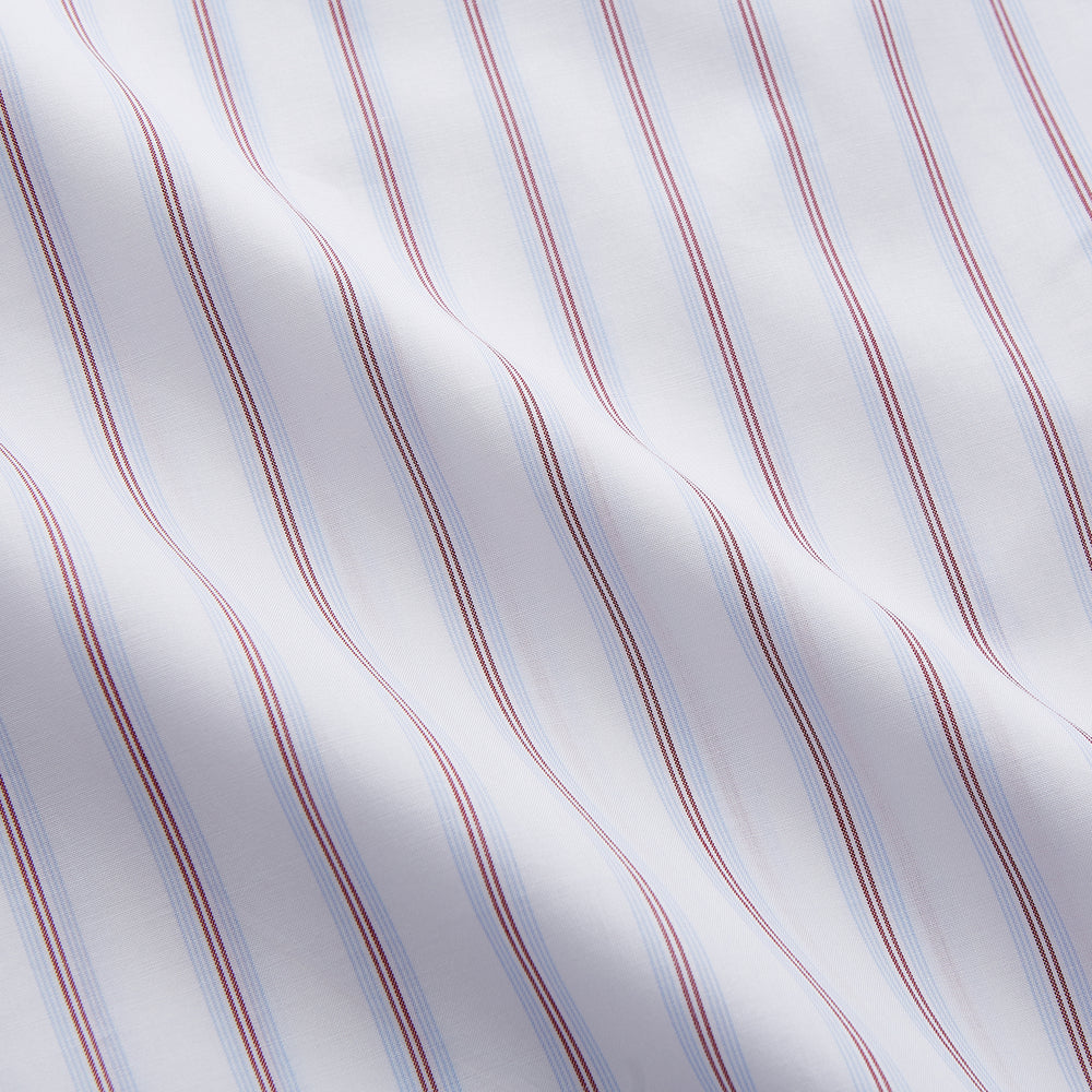 The Turnbull & Asser Red and Blue Multi-stripe Cotton Regular Fit Mayfair Shirt features a button-down front and classic collar, displayed on a plain white background.