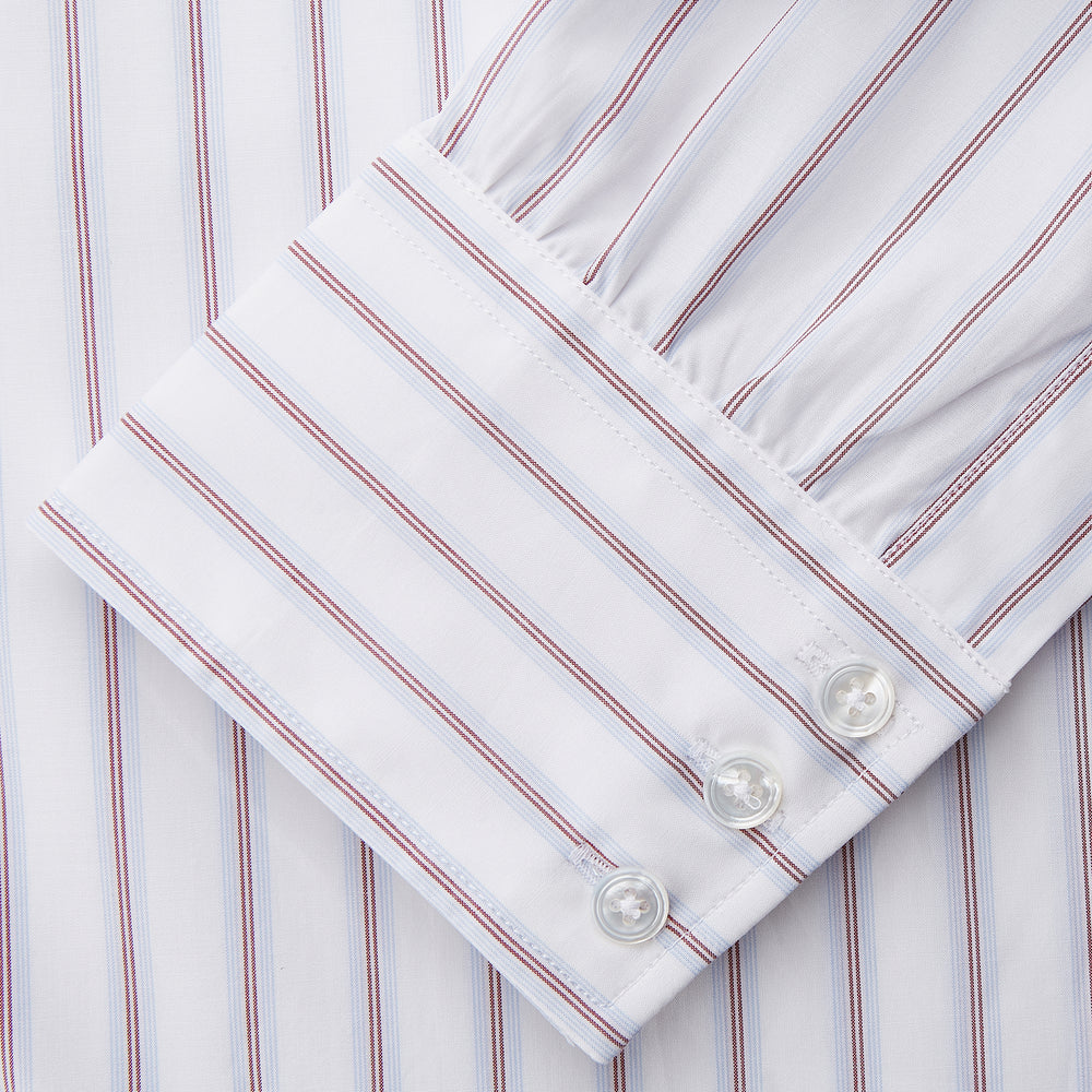 The Turnbull & Asser Red and Blue Multi-stripe Cotton Regular Fit Mayfair Shirt features a button-down front and classic collar, displayed on a plain white background.