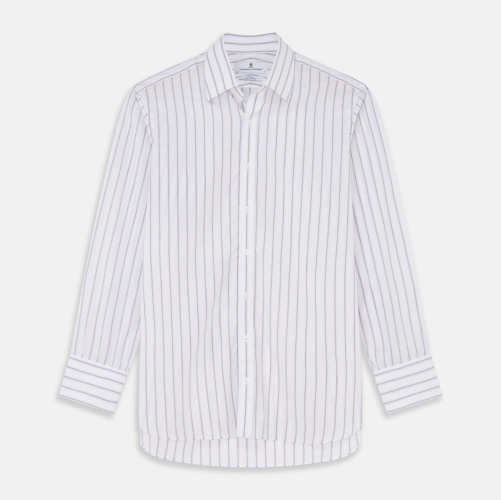 The Turnbull & Asser Red and Blue Multi-stripe Cotton Regular Fit Mayfair Shirt features a button-down front and classic collar, displayed on a plain white background.