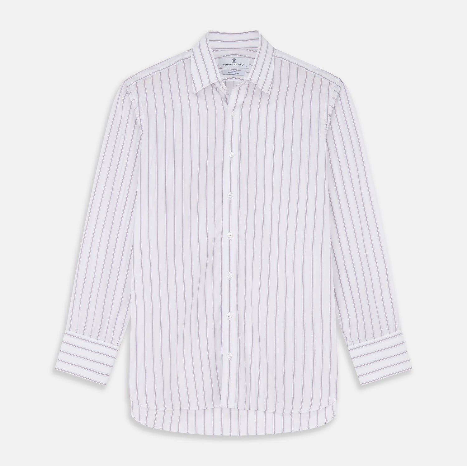 View 1 of product The Turnbull & Asser Red and Blue Multi-stripe Cotton Regular Fit Mayfair Shirt features a button-down front and classic collar, displayed on a plain white background.