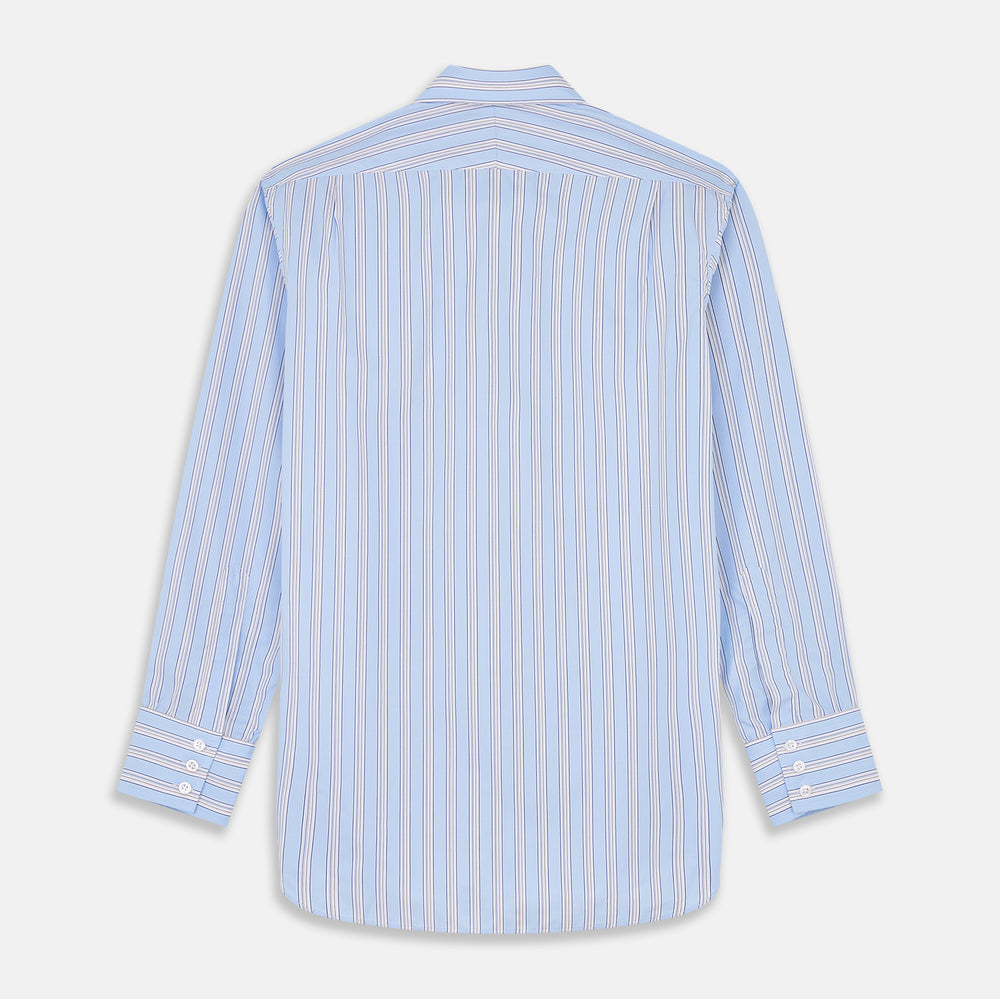 The Turnbull & Asser Pale Blue Multi-stripe Cotton Regular Fit Mayfair Shirt, featuring long sleeves, buttoned cuffs, and a signature T&A collar, is laid flat on a white background.
