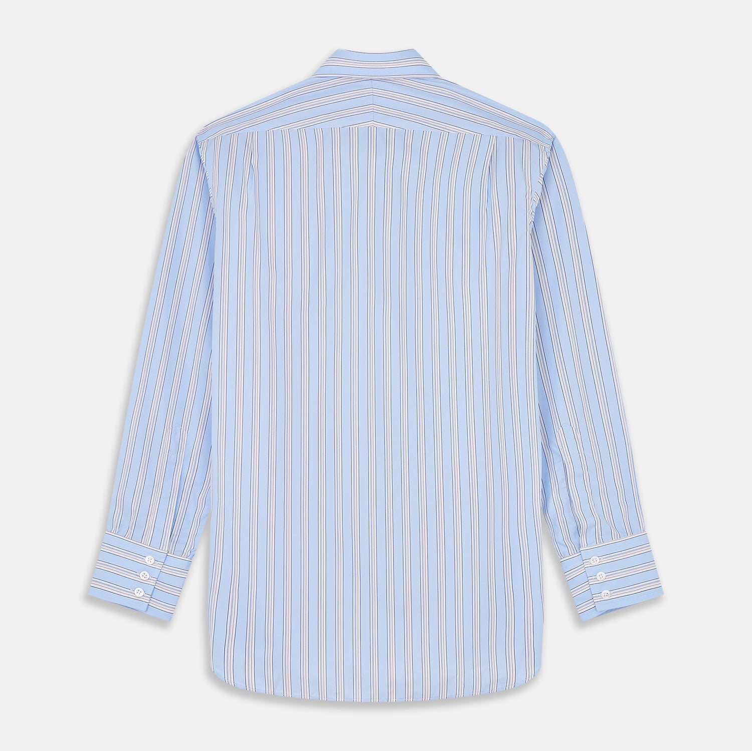 View 5 of product The Turnbull & Asser Pale Blue Multi-stripe Cotton Regular Fit Mayfair Shirt, featuring long sleeves, buttoned cuffs, and a signature T&A collar, is laid flat on a white background.