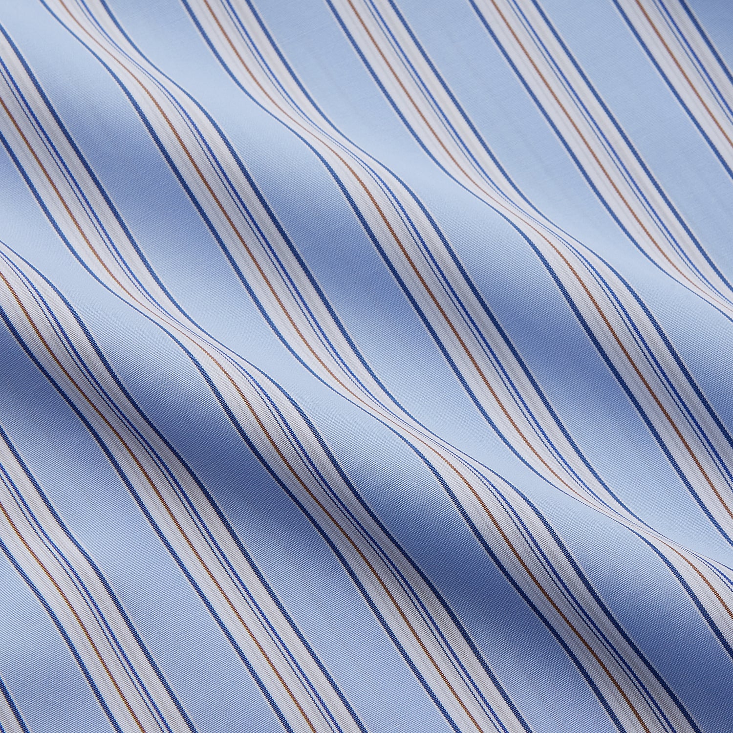 View 4 of product The Turnbull & Asser Pale Blue Multi-stripe Cotton Regular Fit Mayfair Shirt, featuring long sleeves, buttoned cuffs, and a signature T&A collar, is laid flat on a white background.