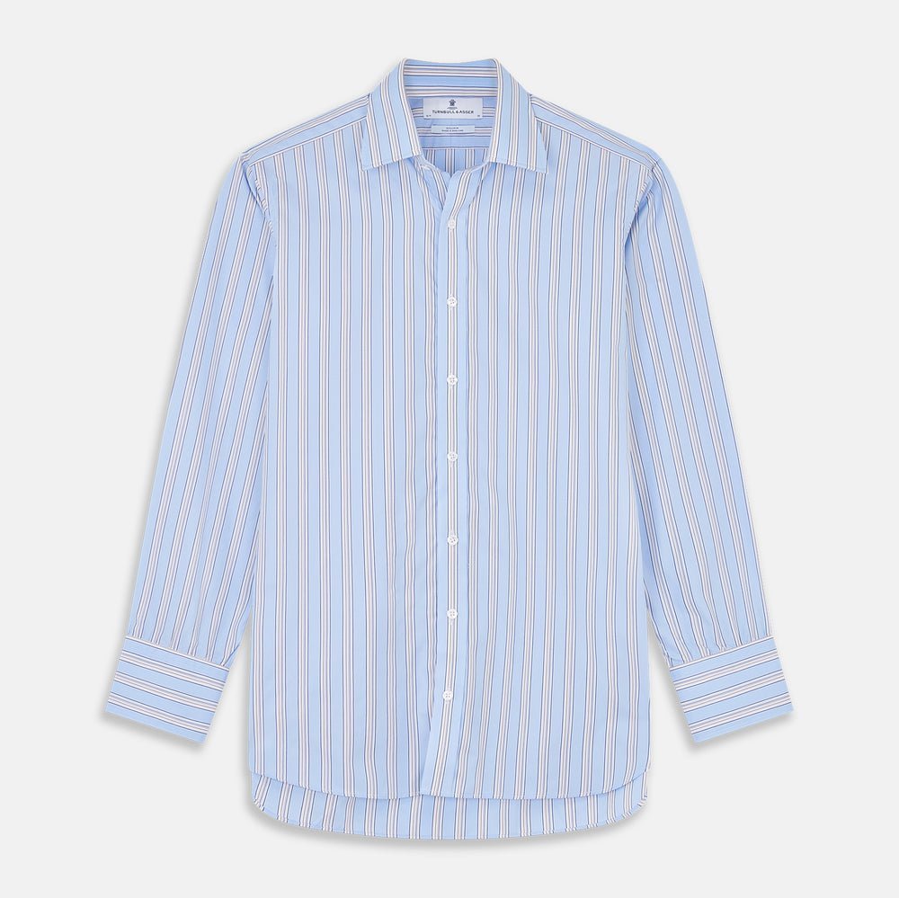 The Turnbull & Asser Pale Blue Multi-stripe Cotton Regular Fit Mayfair Shirt, featuring long sleeves, buttoned cuffs, and a signature T&A collar, is laid flat on a white background.