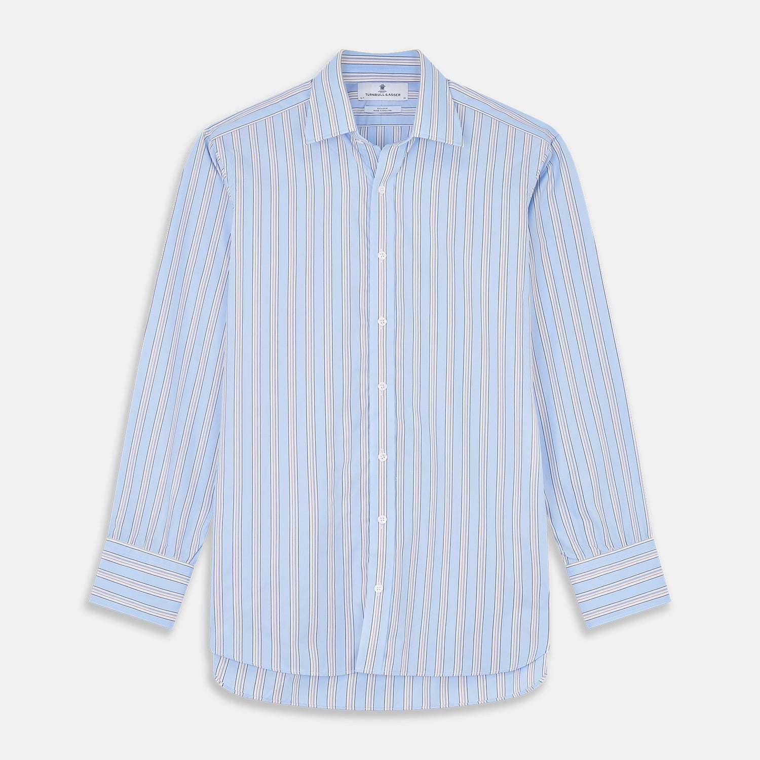 View 1 of product The Turnbull & Asser Pale Blue Multi-stripe Cotton Regular Fit Mayfair Shirt, featuring long sleeves, buttoned cuffs, and a signature T&A collar, is laid flat on a white background.