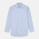 The Turnbull & Asser Pale Blue Multi-stripe Cotton Regular Fit Mayfair Shirt, featuring long sleeves, buttoned cuffs, and a signature T&A collar, is laid flat on a white background.