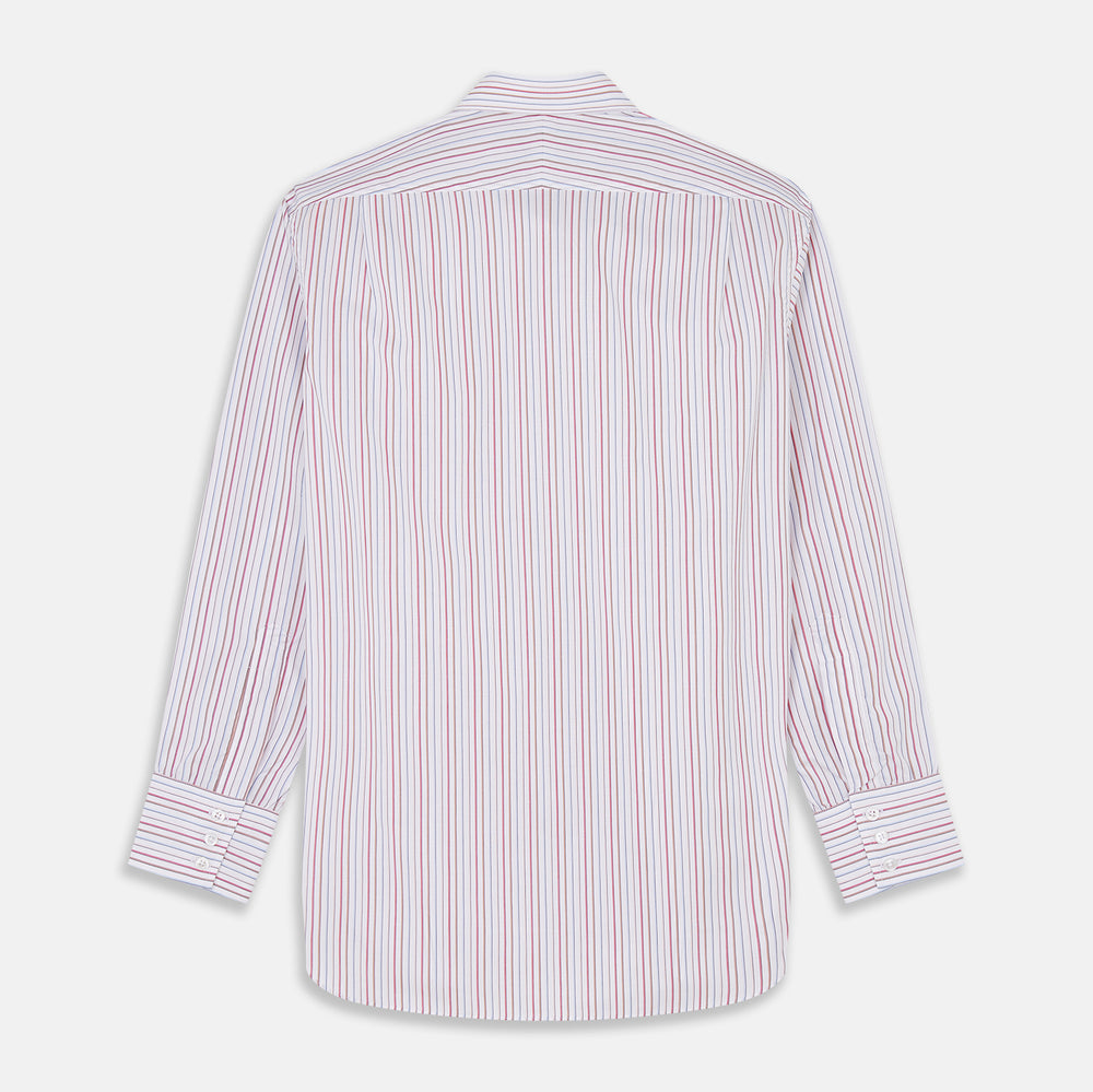 The Turnbull & Asser Red Multi-stripe Cotton Regular Fit Mayfair Shirt features red and blue vertical stripes on white, a T&A collar, and long sleeves. The shirt is shown neatly laid flat on a white surface.
