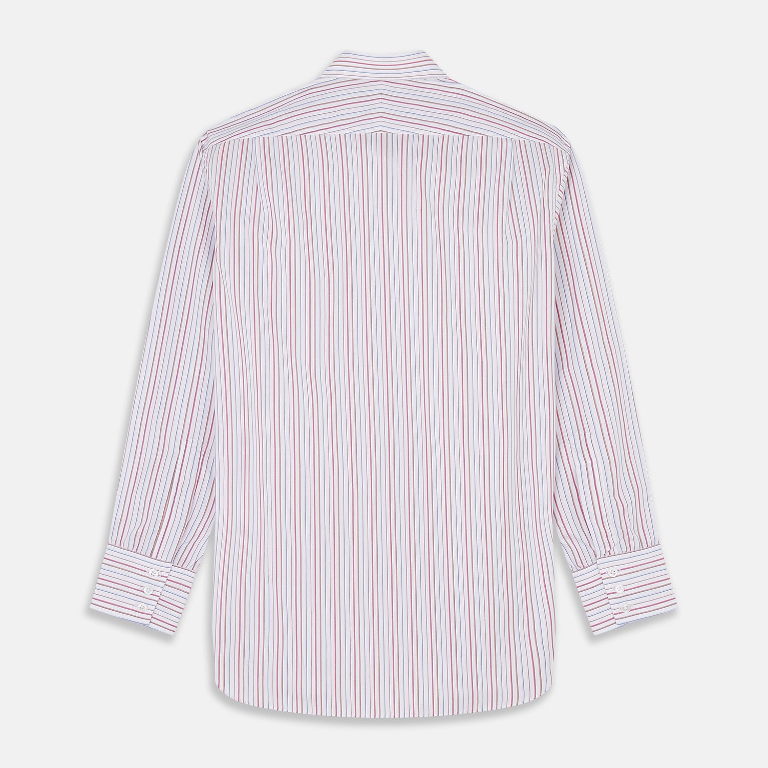 View 5 of product The Turnbull & Asser Red Multi-stripe Cotton Regular Fit Mayfair Shirt features red and blue vertical stripes on white, a T&A collar, and long sleeves. The shirt is shown neatly laid flat on a white surface.