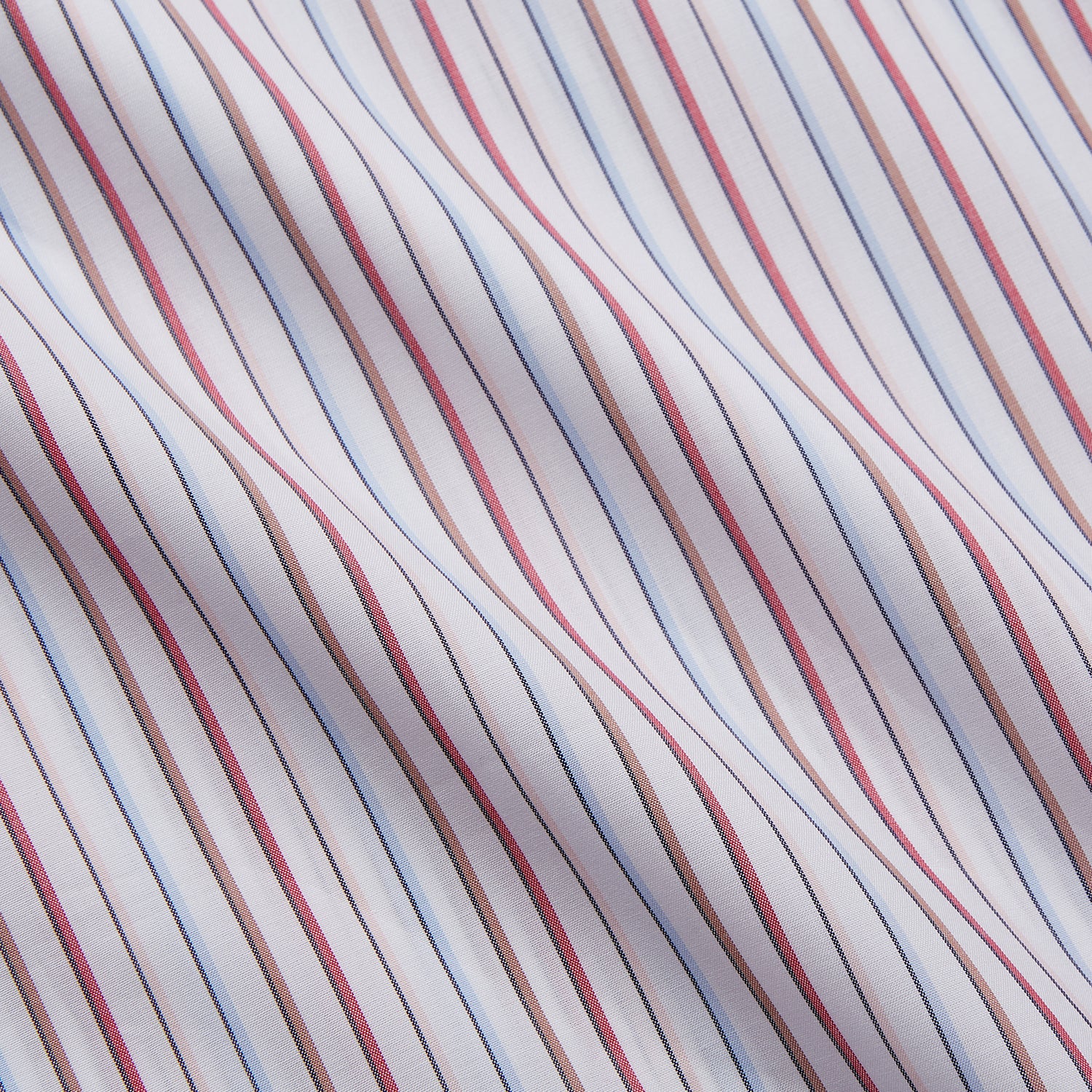 View 4 of product The Turnbull & Asser Red Multi-stripe Cotton Regular Fit Mayfair Shirt features red and blue vertical stripes on white, a T&A collar, and long sleeves. The shirt is shown neatly laid flat on a white surface.