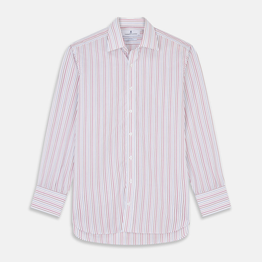 The Turnbull & Asser Red Multi-stripe Cotton Regular Fit Mayfair Shirt features red and blue vertical stripes on white, a T&A collar, and long sleeves. The shirt is shown neatly laid flat on a white surface.