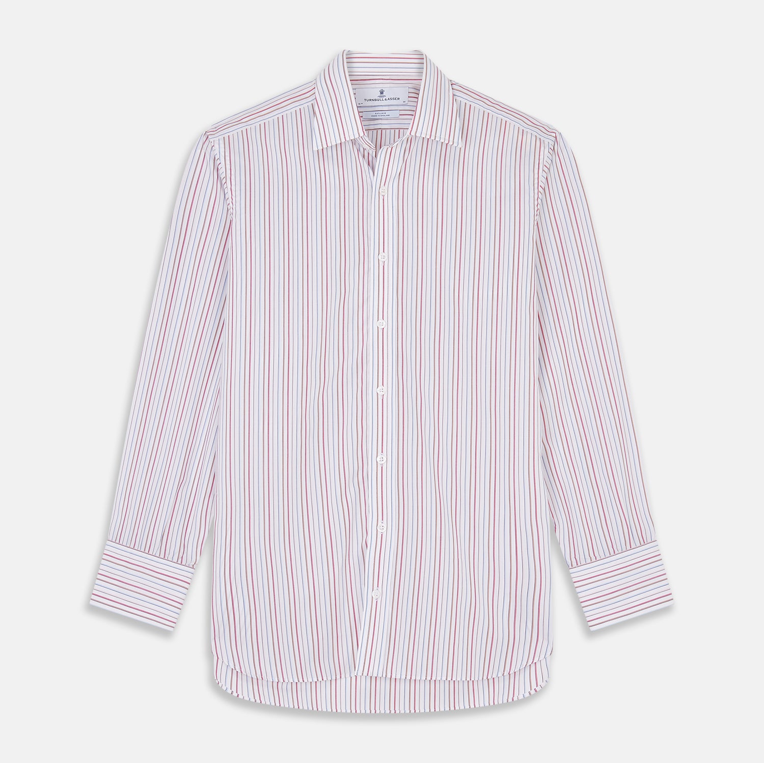 View 1 of product The Turnbull & Asser Red Multi-stripe Cotton Regular Fit Mayfair Shirt features red and blue vertical stripes on white, a T&A collar, and long sleeves. The shirt is shown neatly laid flat on a white surface.